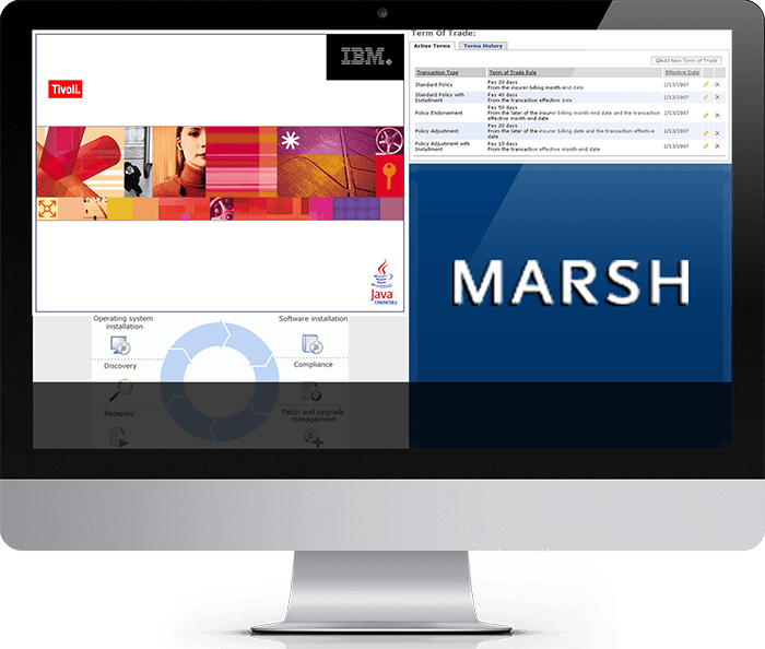 IBM and Marsh web applications shown on a desktop monitor