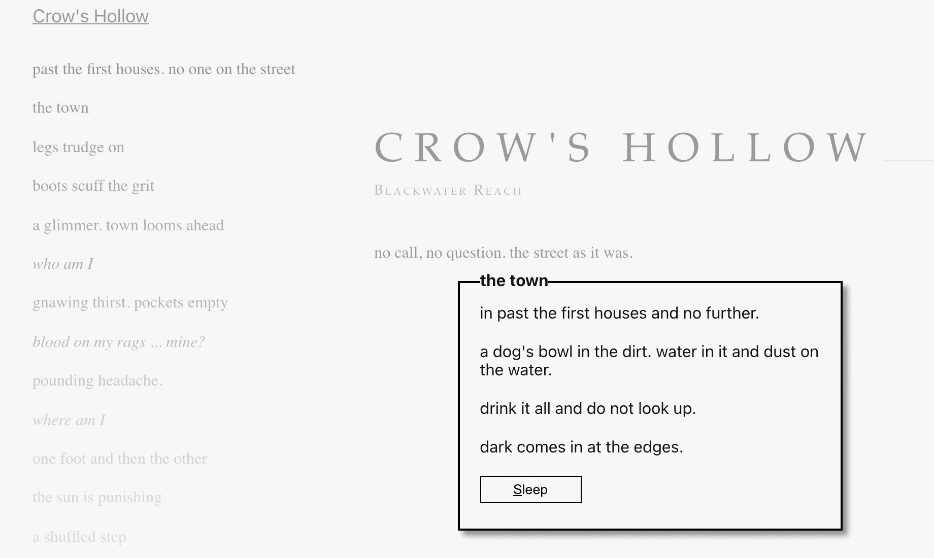 Lost in Dust on arrival in Crow’s Hollow: the walk log fades down the left, and a window titled “the town” describes a dog’s bowl in the dirt